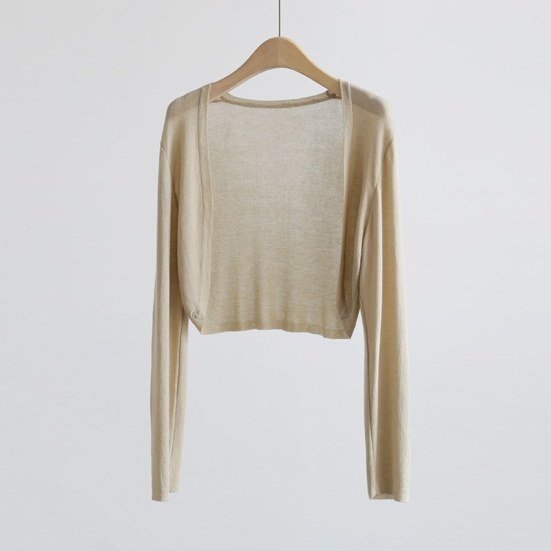Korean Style Buttonless Shawl Ultra-Thin Knitted Sun Protection Shirt Spring & Fall New Slim Fit Outer Air-Conditioning Shirt V Ice Silk Cardigan For Women - Image 1